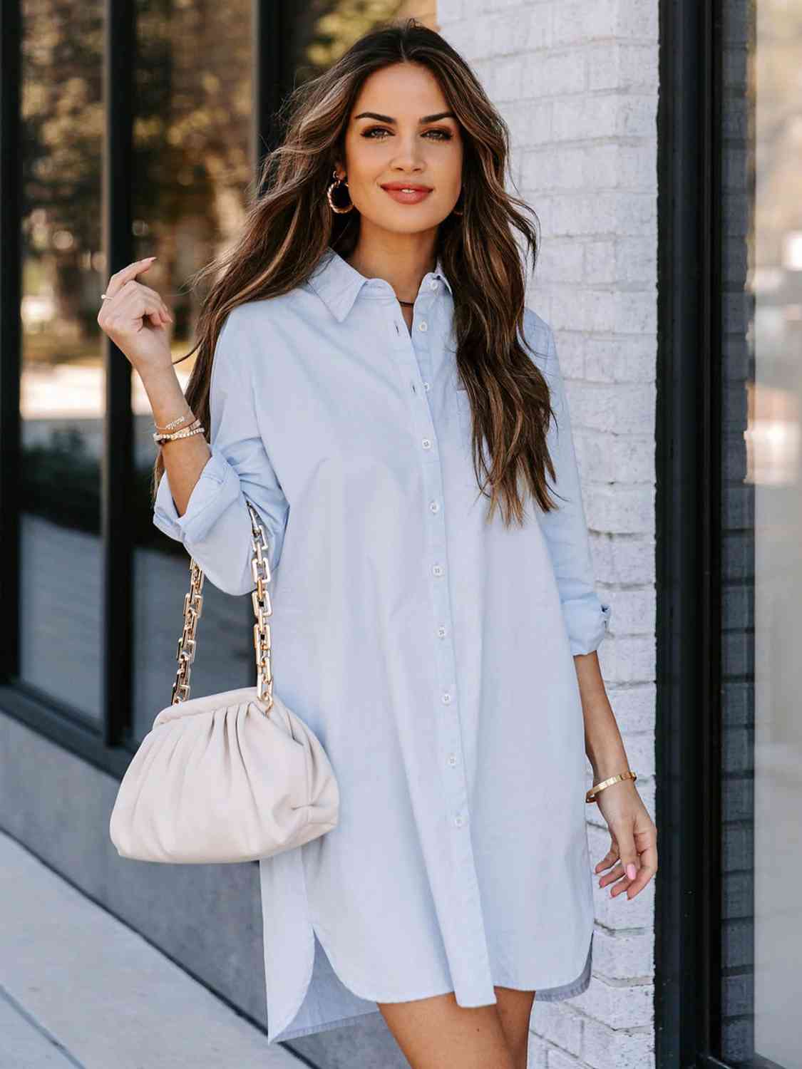 Amelia Button Up Collared Neck Long Sleeve Shirt Dress