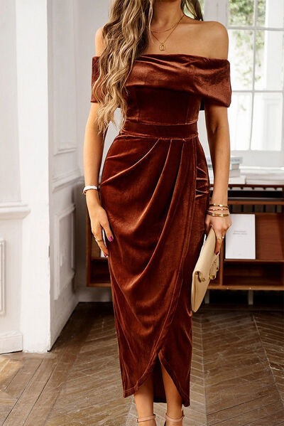 Monroe Ruched Off-Shoulder Tulip Hem Wrap Dress