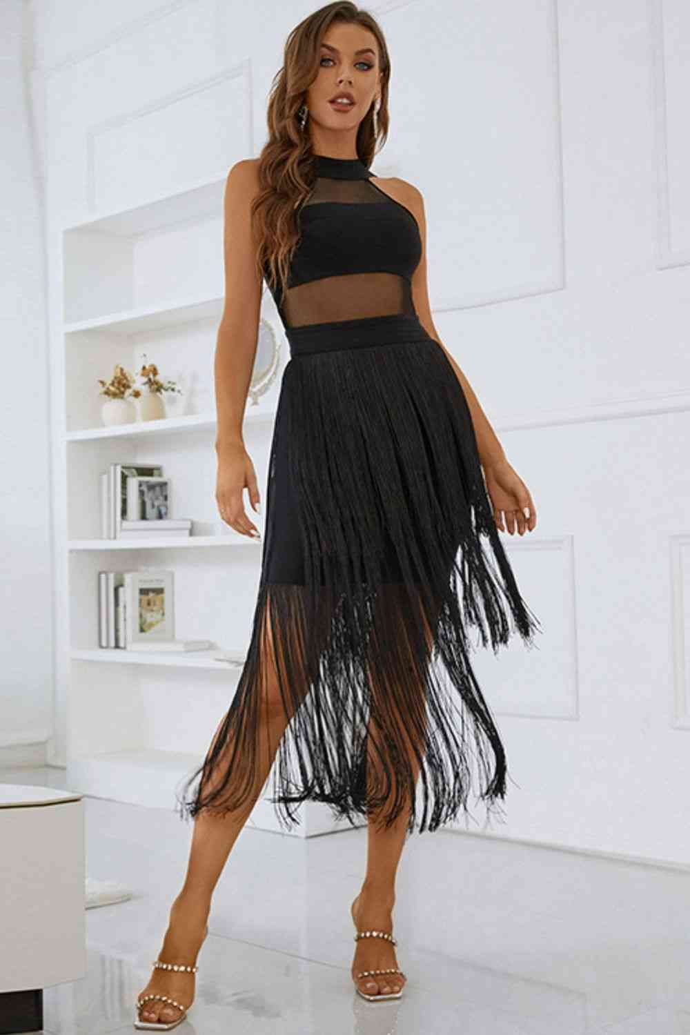 Jianna Spliced Mesh Fringe Hem Sleeveless Dress