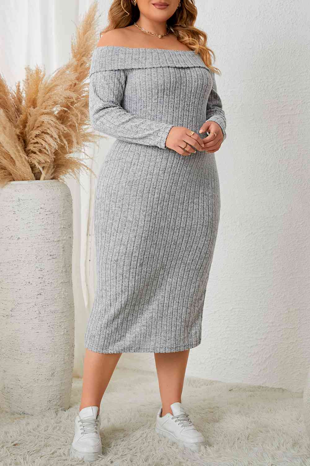 Heather Plus Size Square Neck Long Sleeve Slit Dress