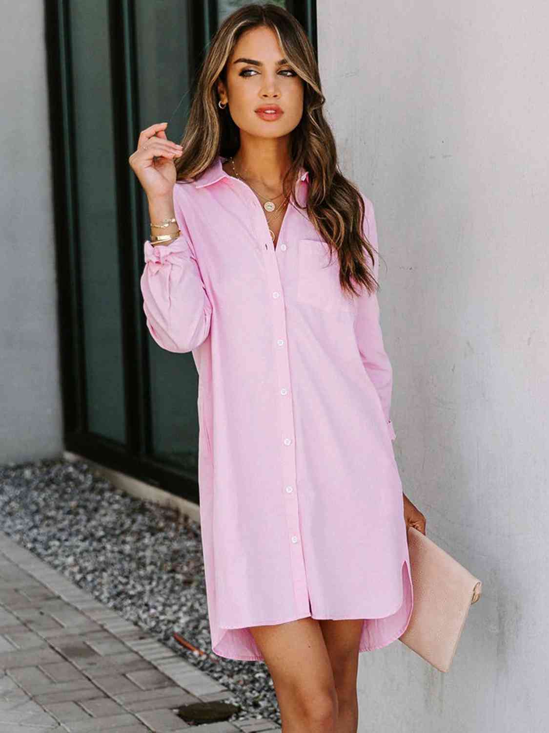 Amelia Button Up Collared Neck Long Sleeve Shirt Dress