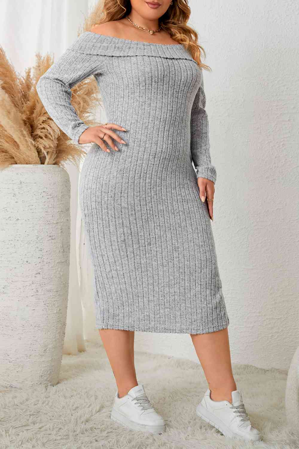 Heather Plus Size Square Neck Long Sleeve Slit Dress