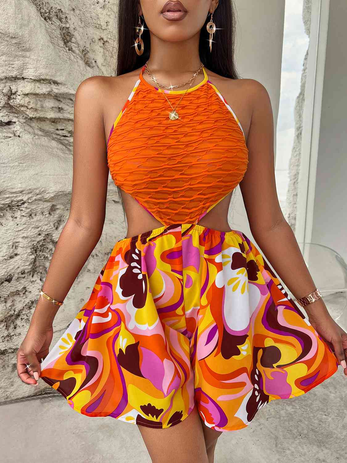Noemi Sleeveless Cutout Printed Mini Dress