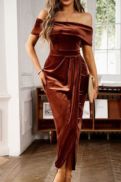 Monroe Ruched Off-Shoulder Tulip Hem Wrap Dress