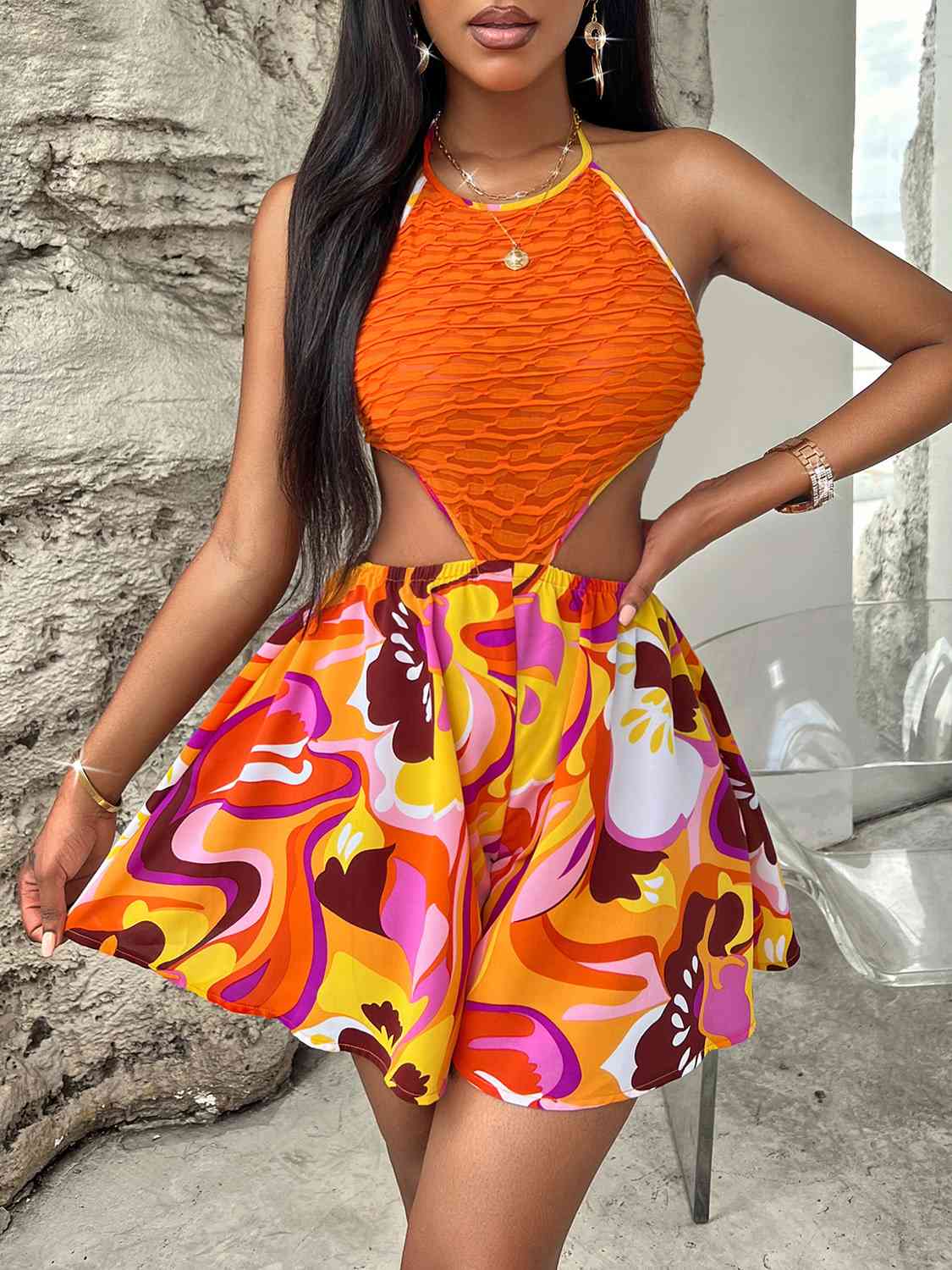 Noemi Sleeveless Cutout Printed Mini Dress
