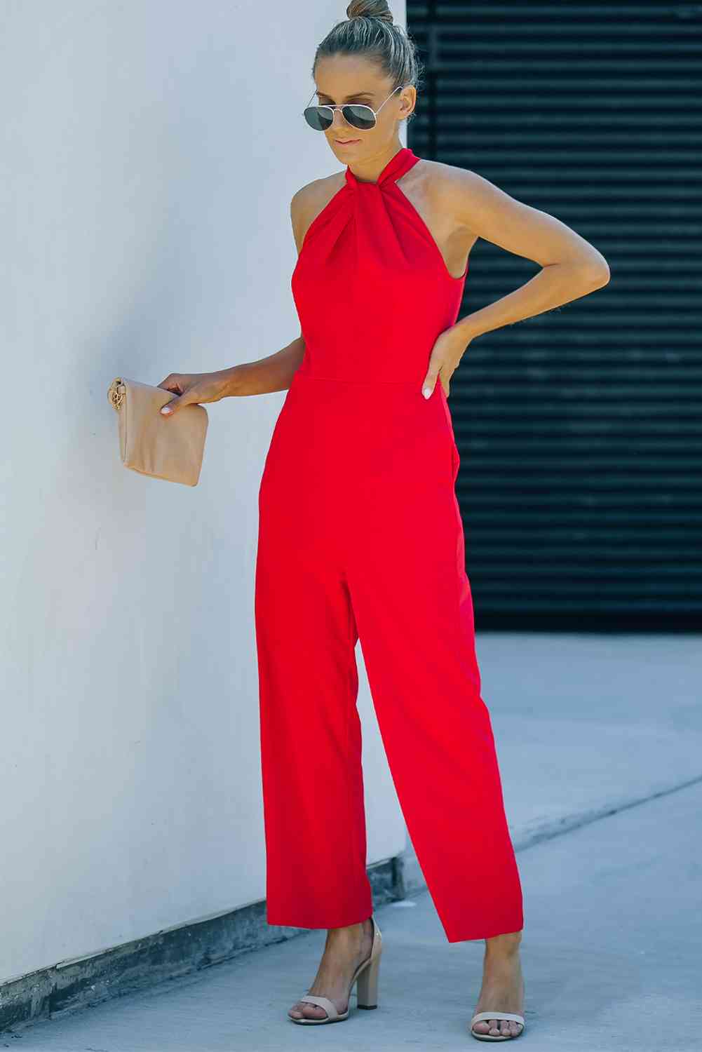 Athena Twisted Grecian Neck Wide Leg Jumpsuit