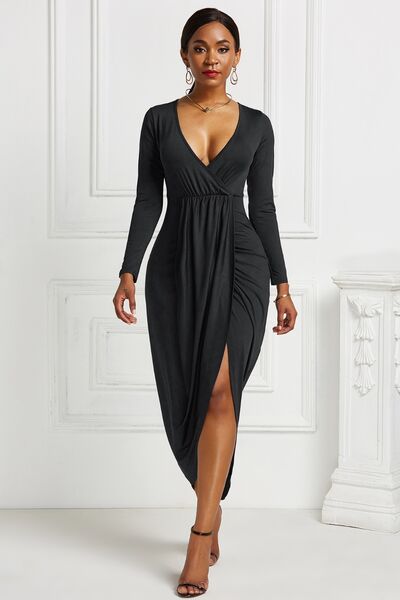 Kayla High-low Ruched Surplice Long Sleeve Dress