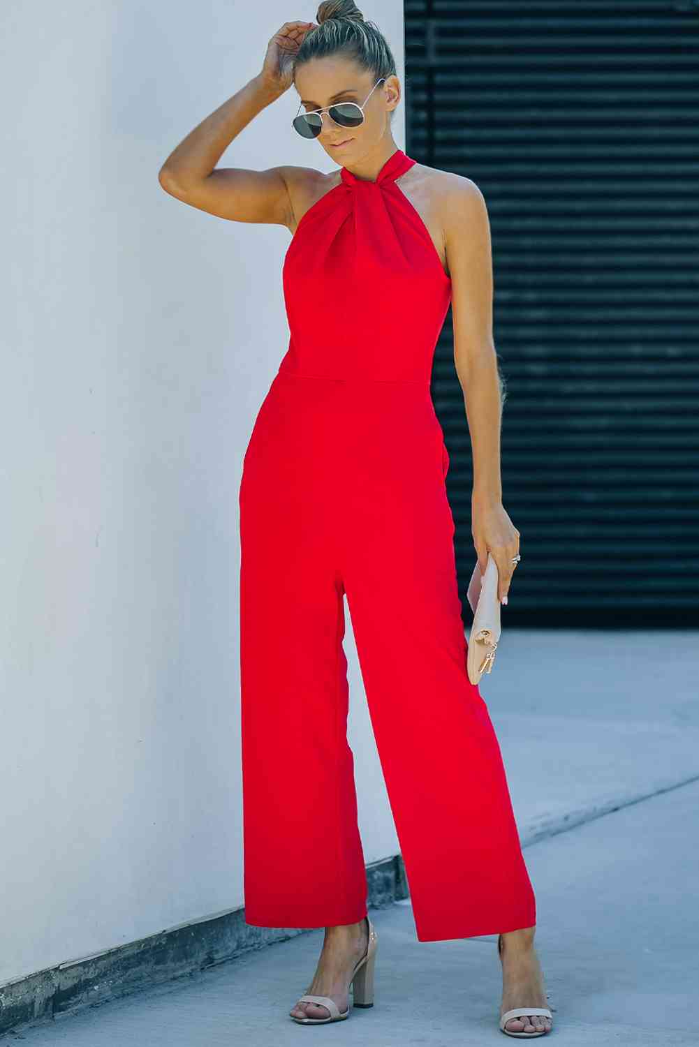 Athena Twisted Grecian Neck Wide Leg Jumpsuit