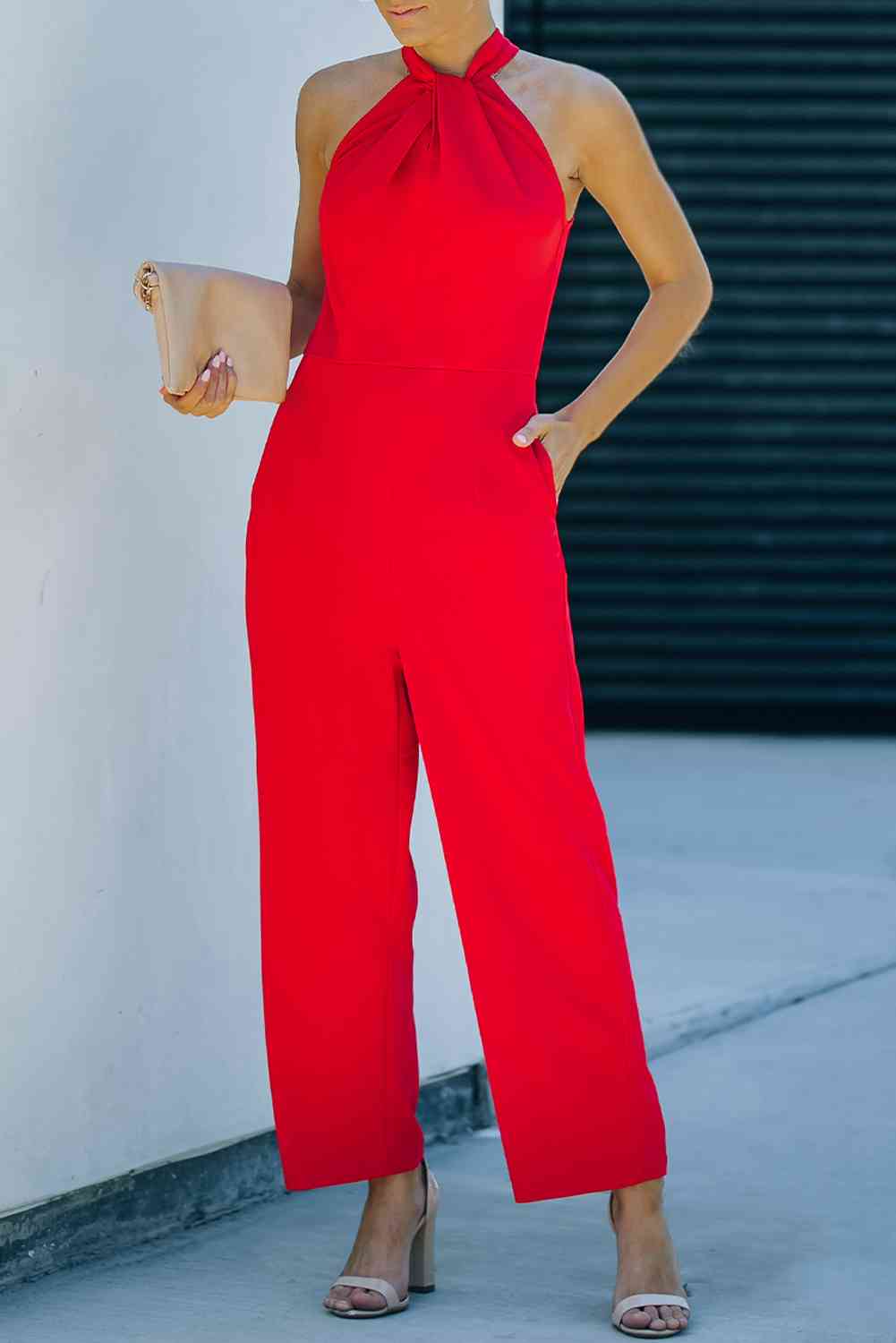 Athena Twisted Grecian Neck Wide Leg Jumpsuit