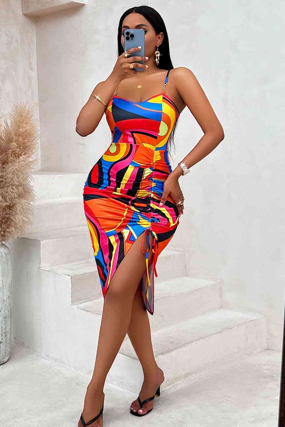 Mylah Printed Drawstring Spaghetti Strap Bodycon Dress