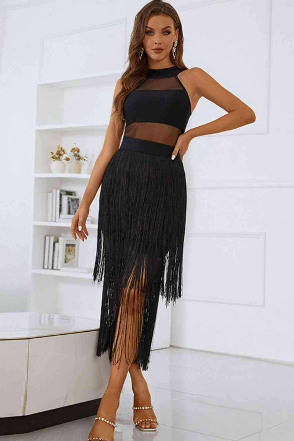 Jianna Spliced Mesh Fringe Hem Sleeveless Dress