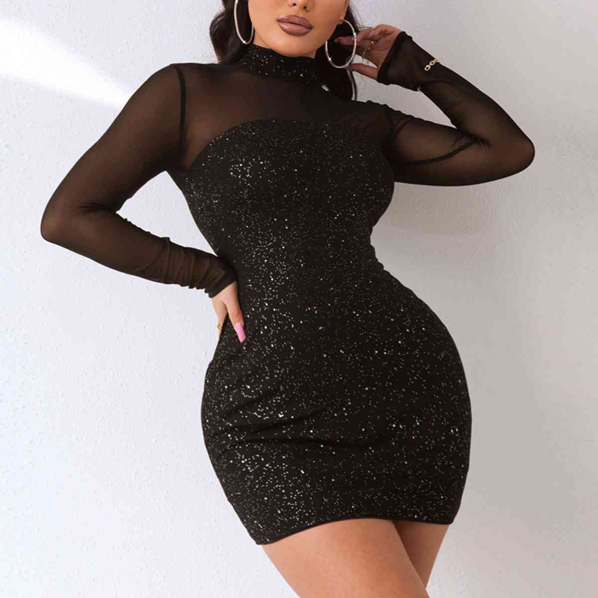 Marceline Sequin Mock Neck Mesh Dress