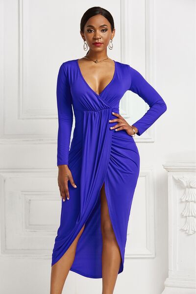 Kayla High-low Ruched Surplice Long Sleeve Dress