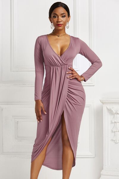 Kayla High-low Ruched Surplice Long Sleeve Dress