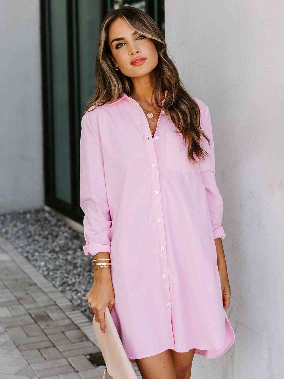 Amelia Button Up Collared Neck Long Sleeve Shirt Dress