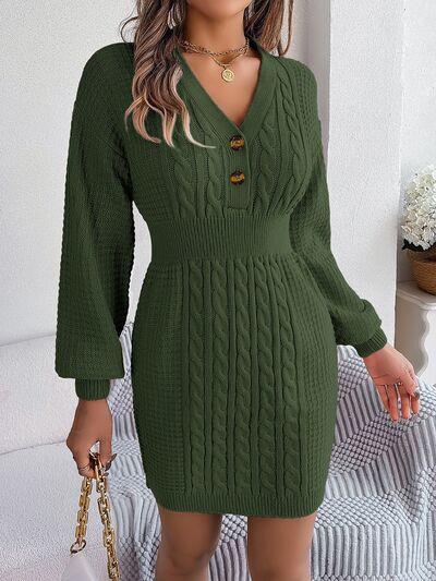 Harper Buttoned Cable-Knit V-Neck Sweater Dress