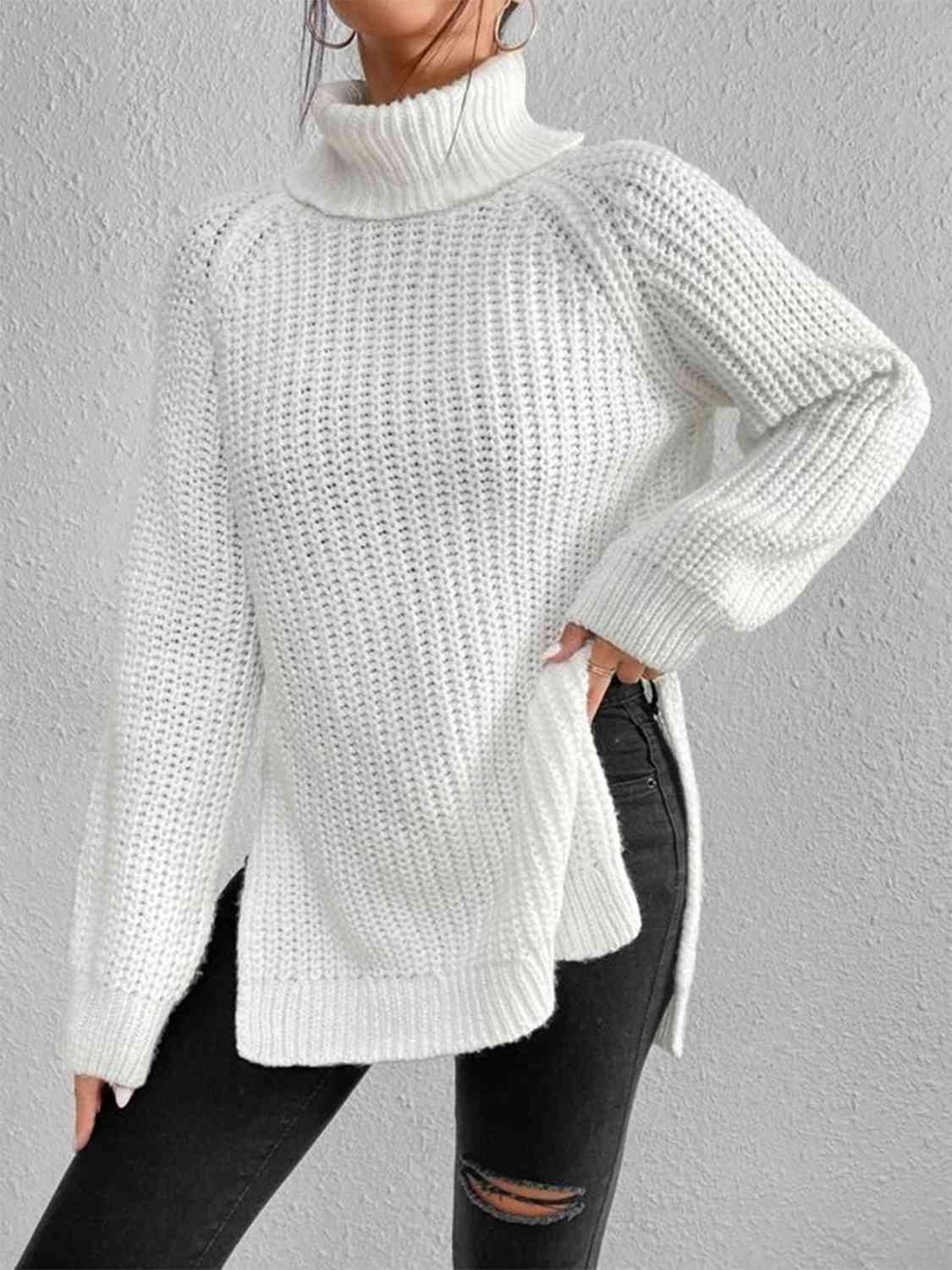 Full Size Turtleneck Rib-Knit Slit Sweater