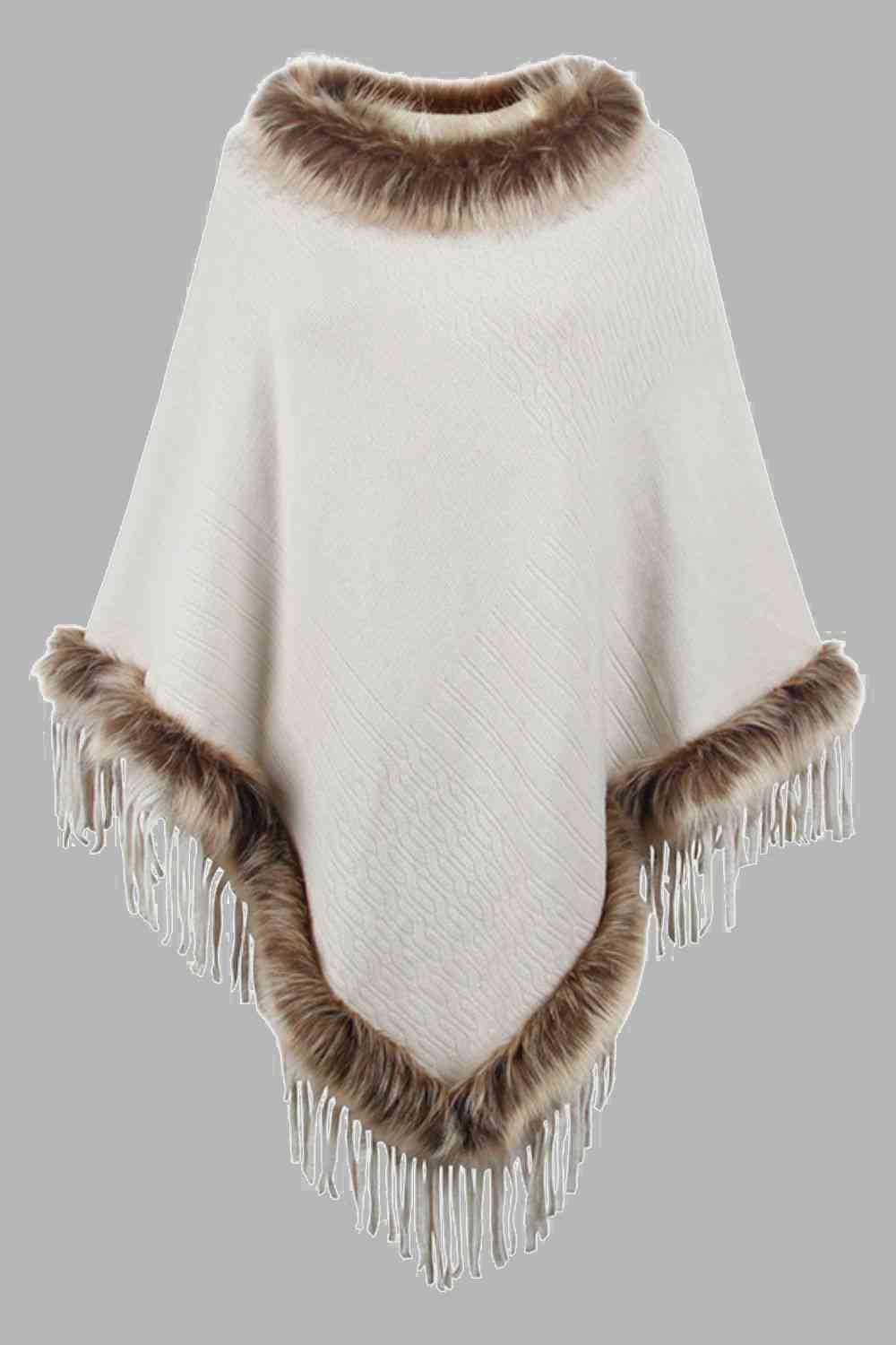 Faux Fur Trim Fringed Poncho