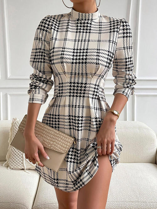 Dahlia Houndstooth Mock Neck Cinched Mini Dress