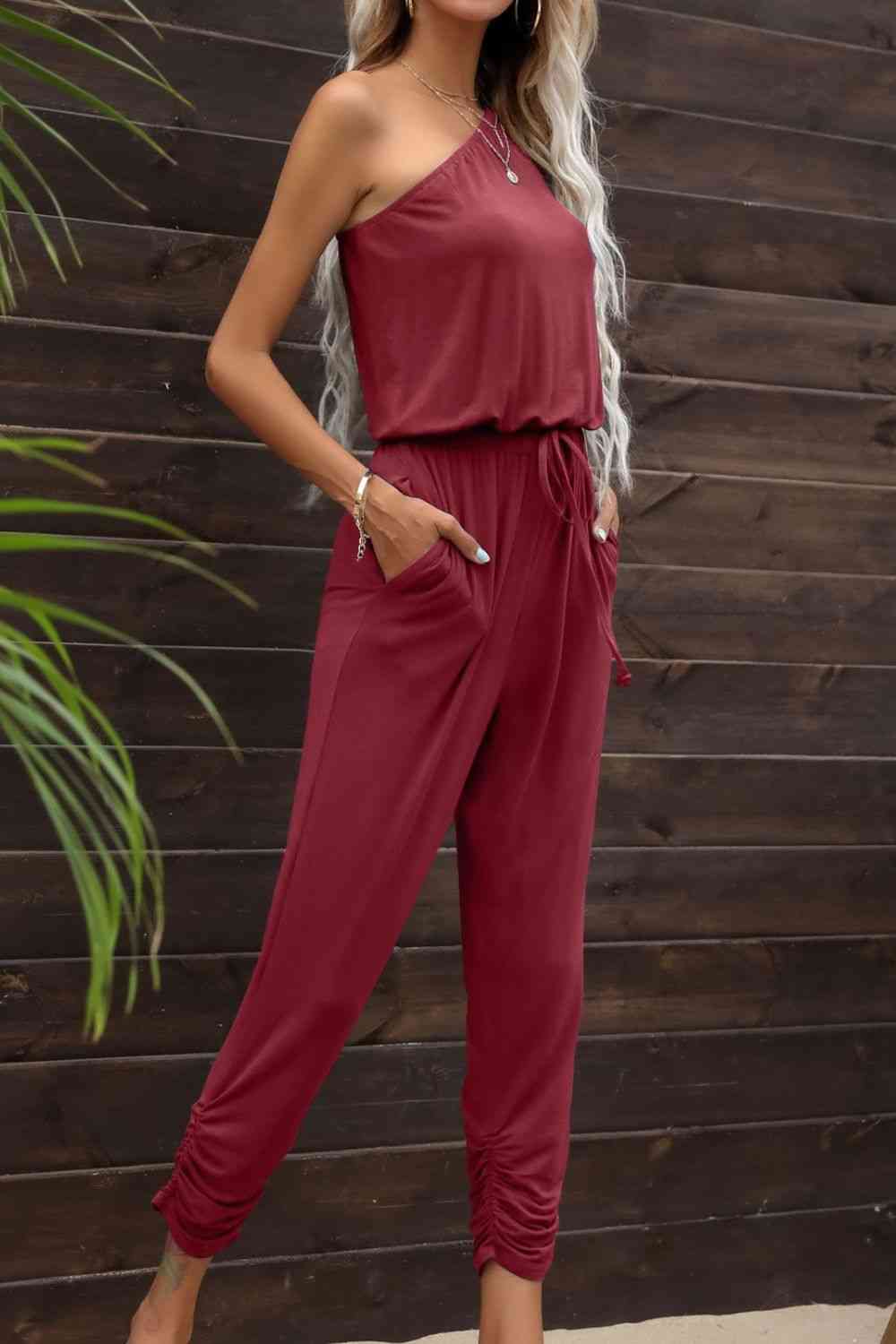 Drawstring Waist One-Shoulder Jumpsuit with Pockets