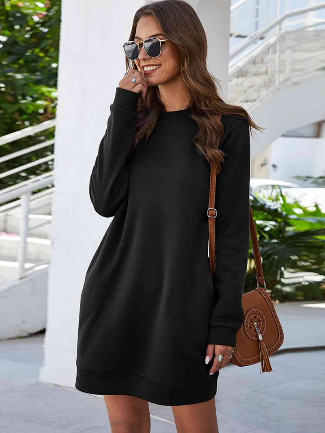 Imani Round Neck Long Sleeve Mini Dress with Pockets