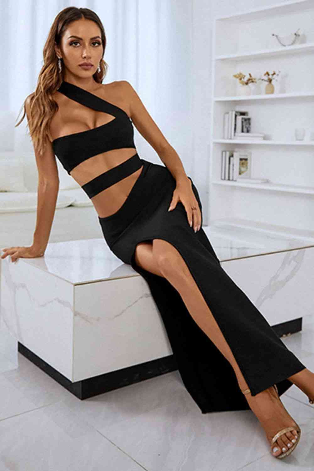 Logan One-Shoulder Cutout Front Split Maxi Dress