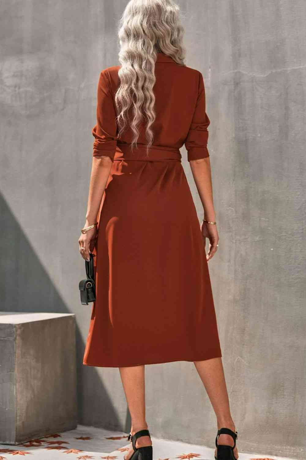 Eliana Collared Neck Tie Waist Midi Shirt Dress