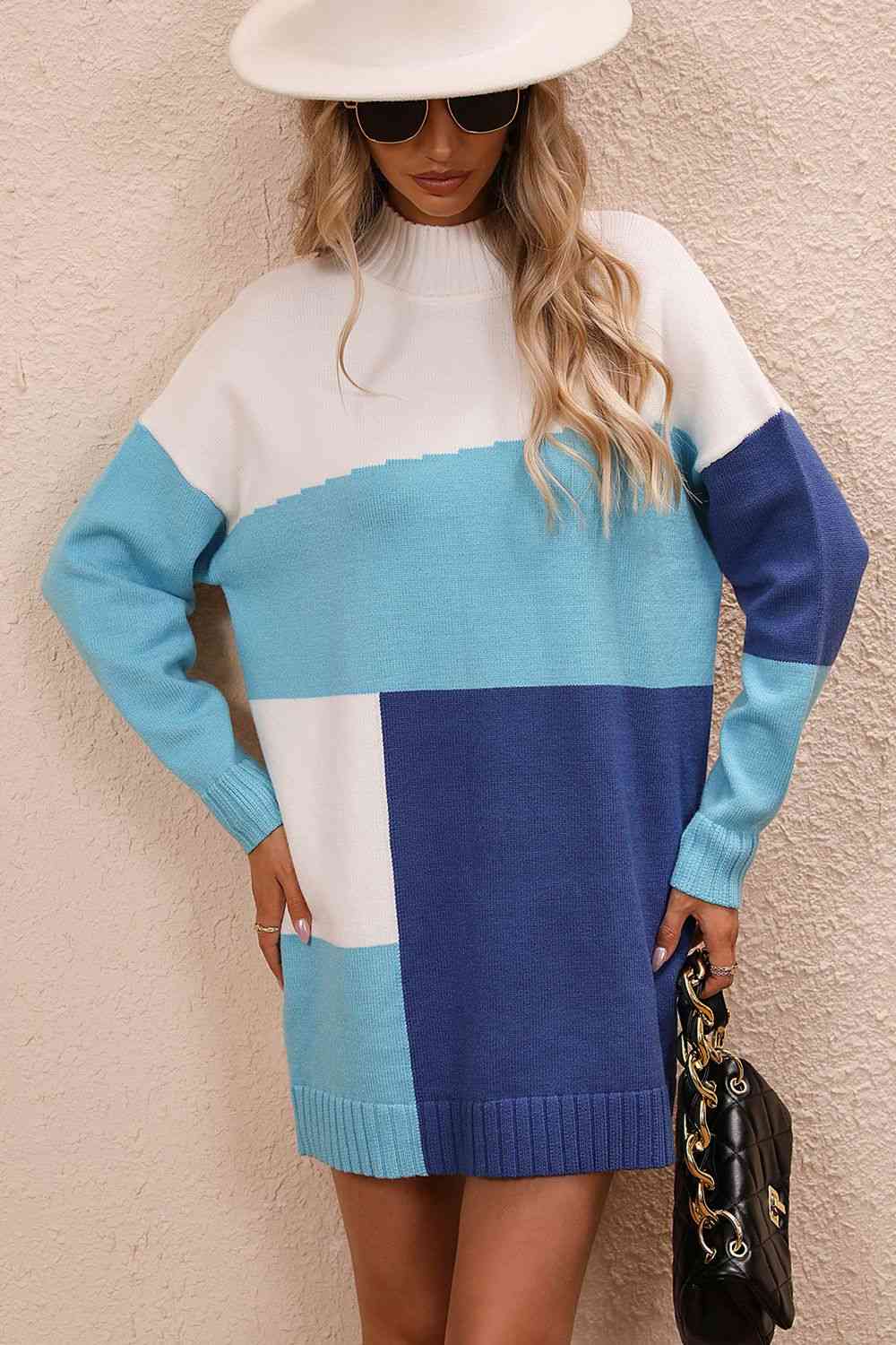 Meg Color Block Mock Neck Dropped Shoulder Sweater Dress