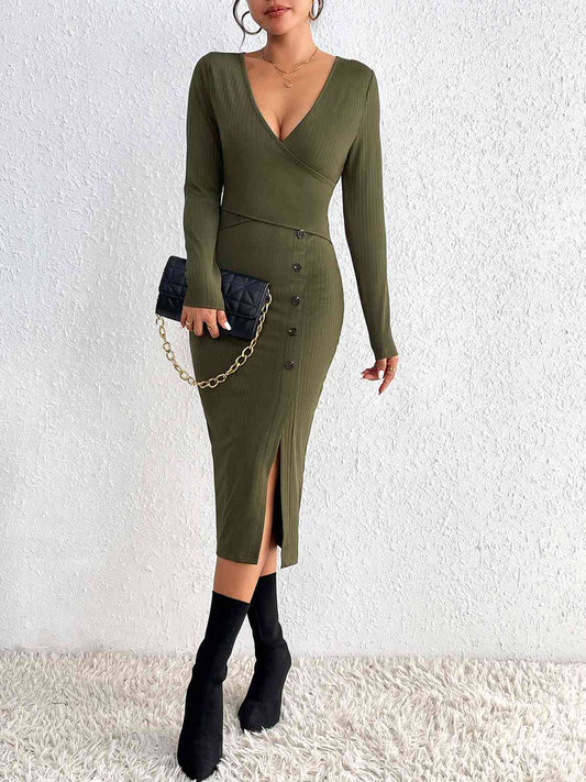 Elizabeth Buttoned Surplice Neck Slit Dress