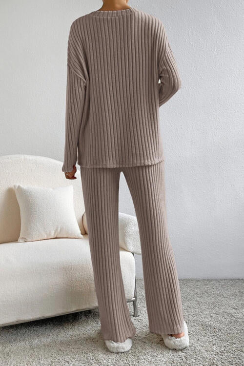 Ribbed V-Neck Top and Pants Set