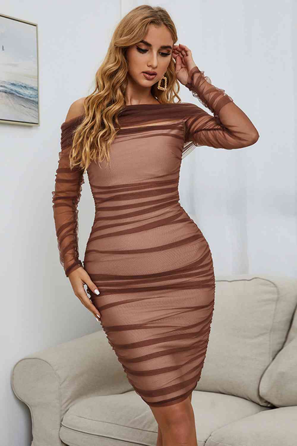 Fatima Off-Shoulder Ruched Long Sleeve Tulle Dress