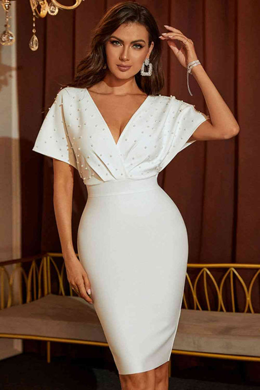 Ava Beaded Dolman Sleeve Surplice Bodycon Dress