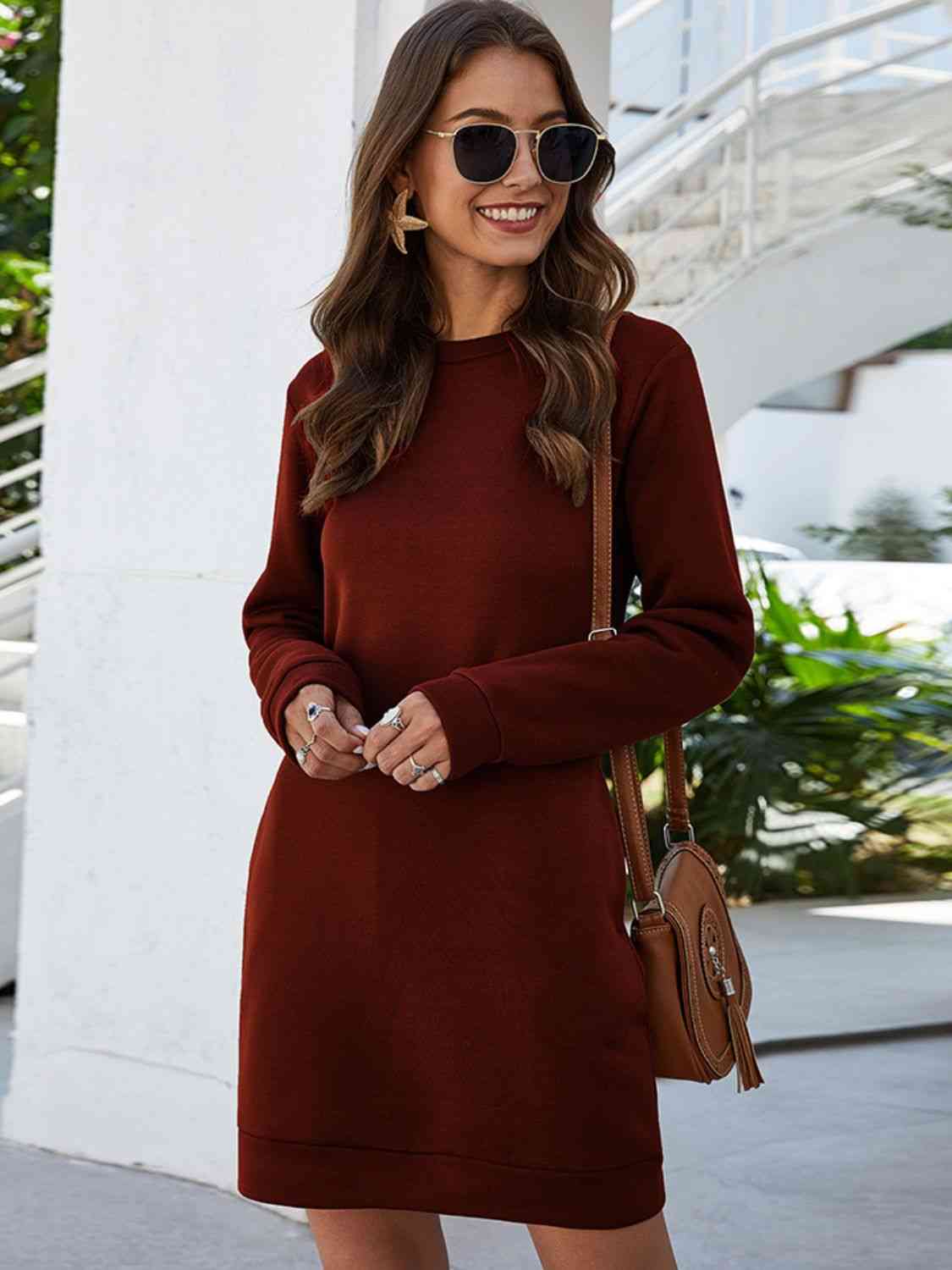 Imani Round Neck Long Sleeve Mini Dress with Pockets