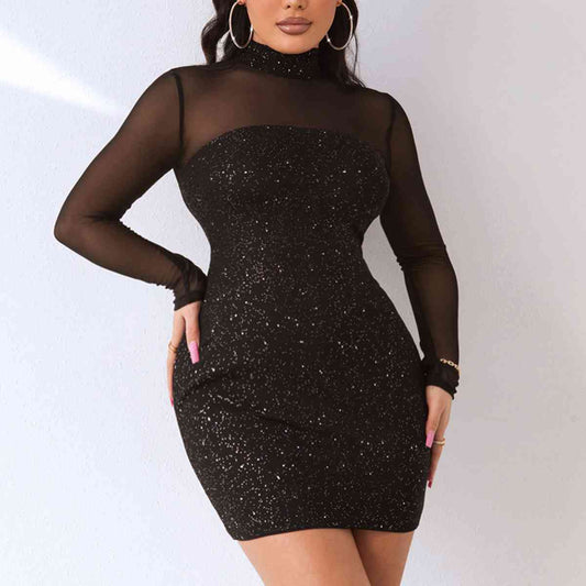 Marceline Sequin Mock Neck Mesh Dress