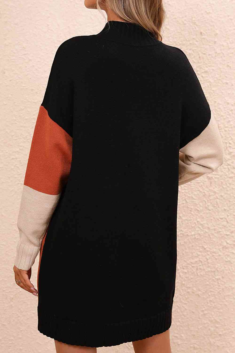 Meg Color Block Mock Neck Dropped Shoulder Sweater Dress