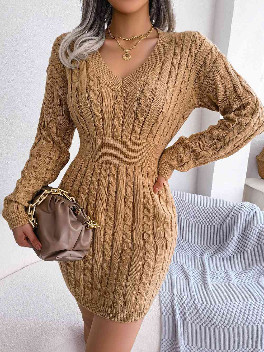 Parker Cable-Knit V-Neck Mini Sweater Dress