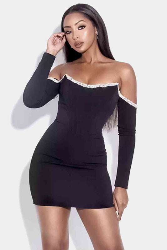 Allie Rhinestone Trim Off-Shoulder Bandage Dress