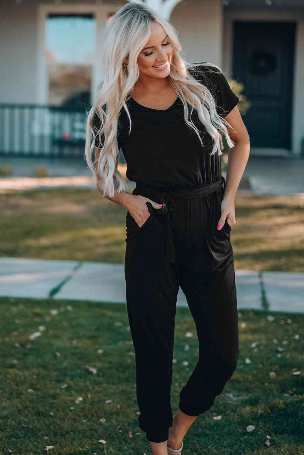 Aurora Belted V-Neck Jogger Jumpsuit