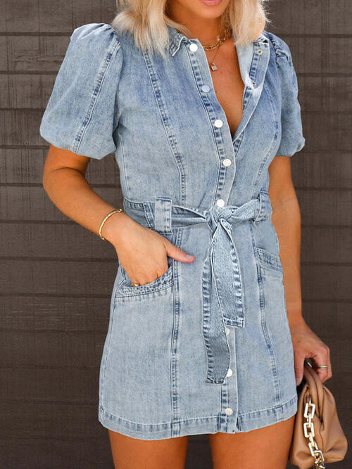 Carmen Puff Sleeve Button Up Mini Denim Dress