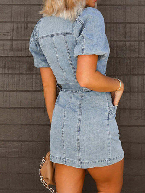 Carmen Puff Sleeve Button Up Mini Denim Dress