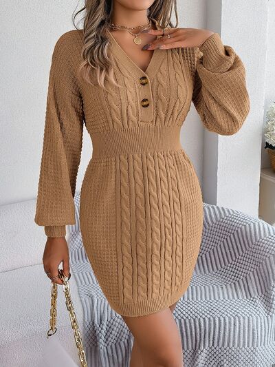 Harper Buttoned Cable-Knit V-Neck Sweater Dress