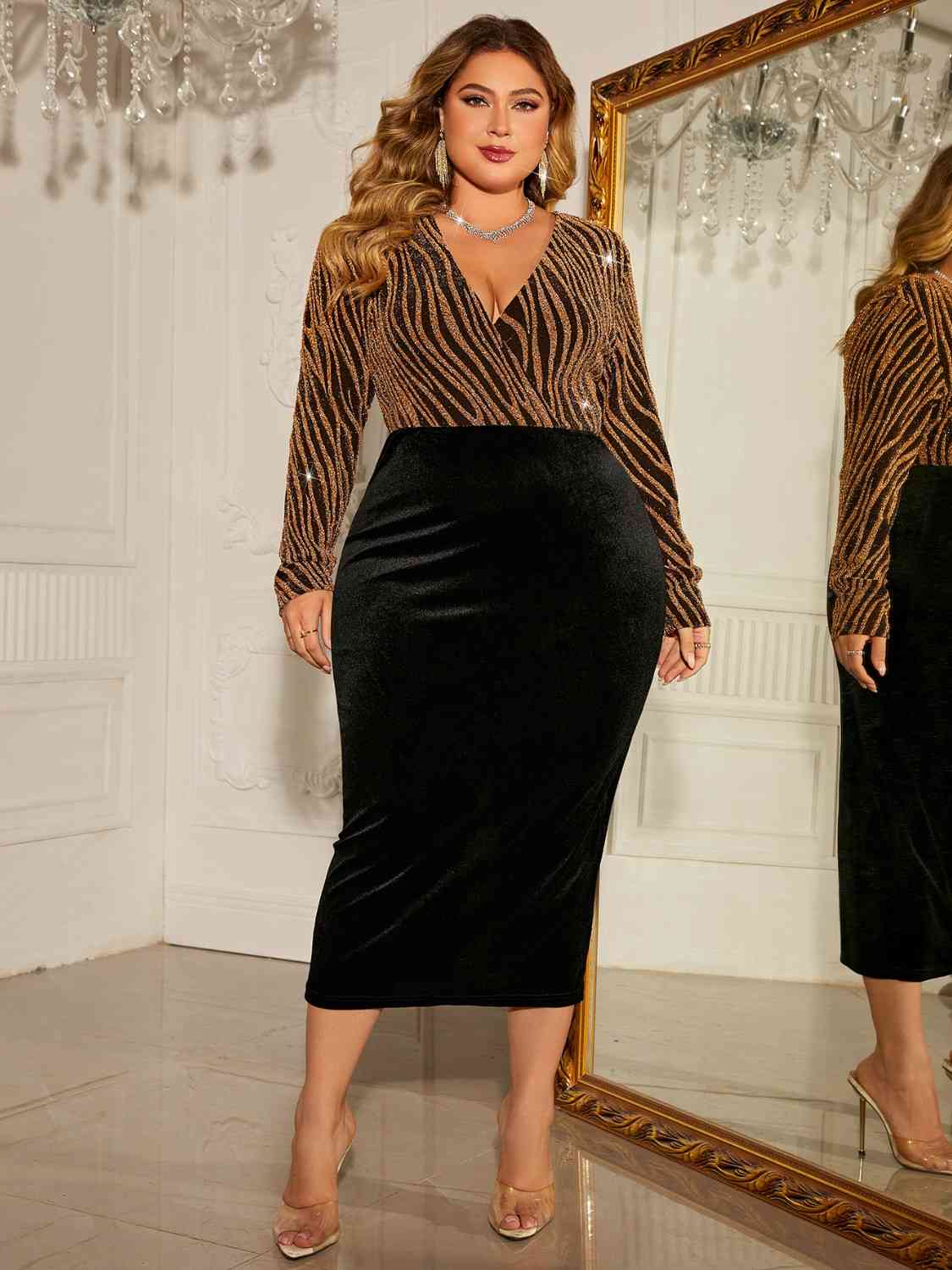 Nadia Plus Size Surplice Neck Long Sleeve Slit Dress