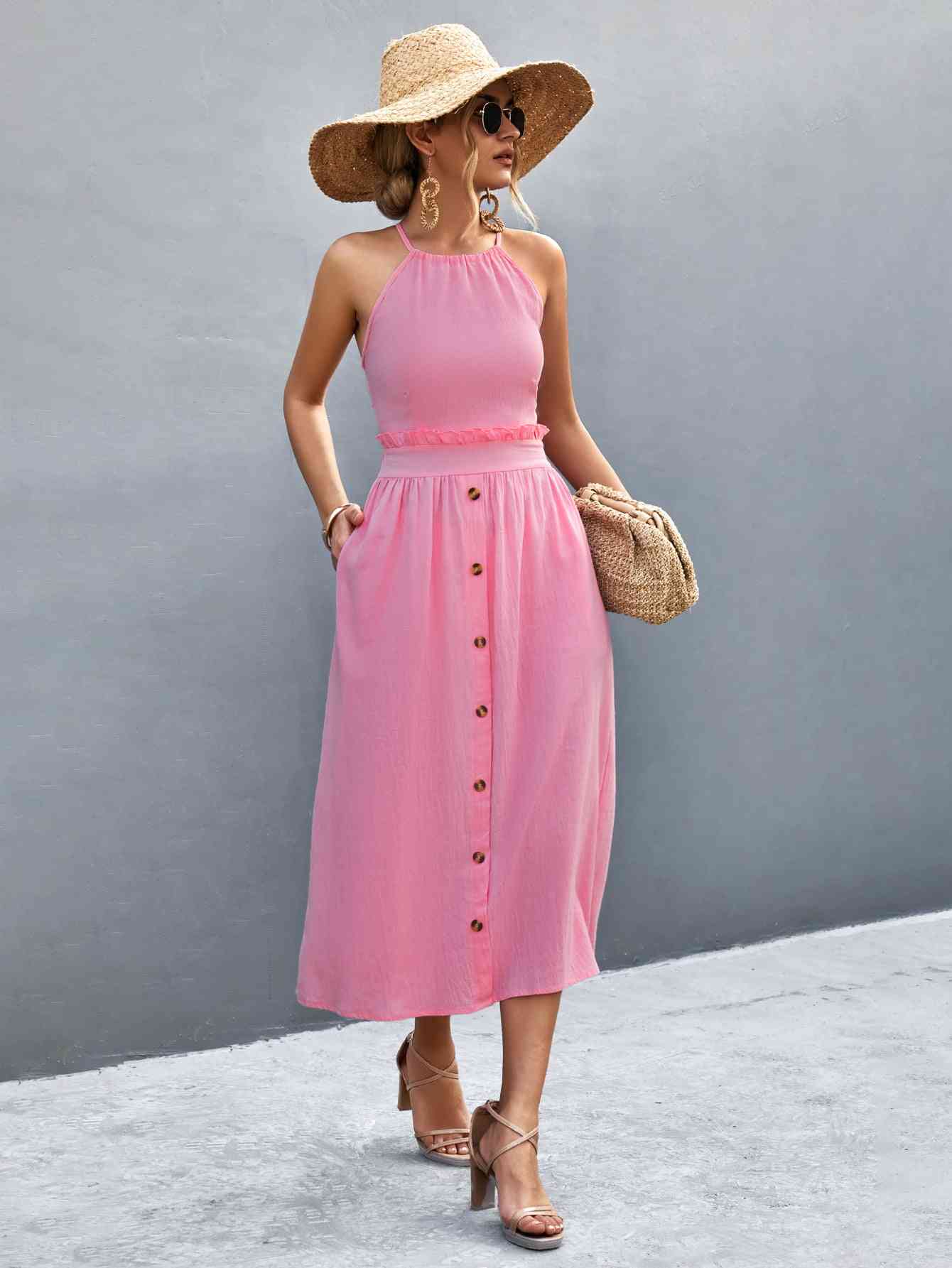 Grace Buttoned Halter Neck Frill Trim Midi Dress