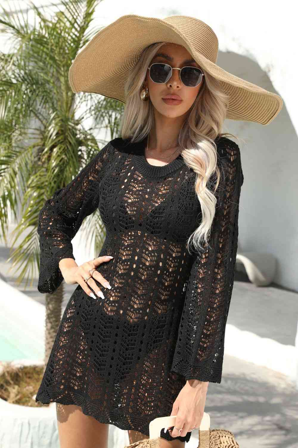 Raya Openwork Scalloped Trim Long Sleeve Cover-Up Dress