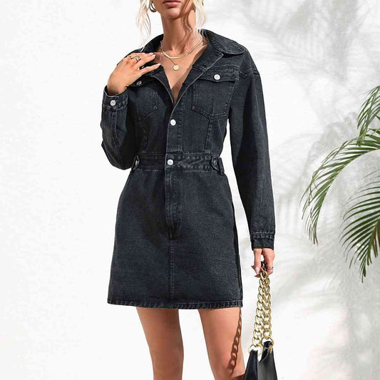 Emma Buttoned Collared Neck Denim Mini Dress