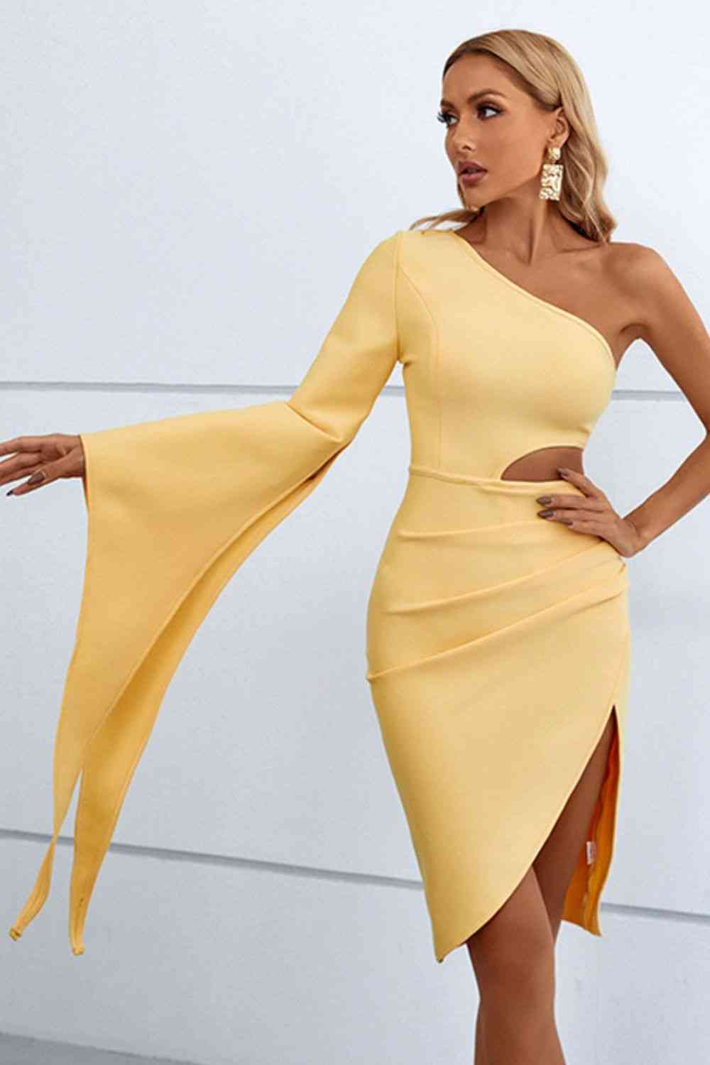 Emery Cutout Split Flare Sleeve One-Shoulder Dress