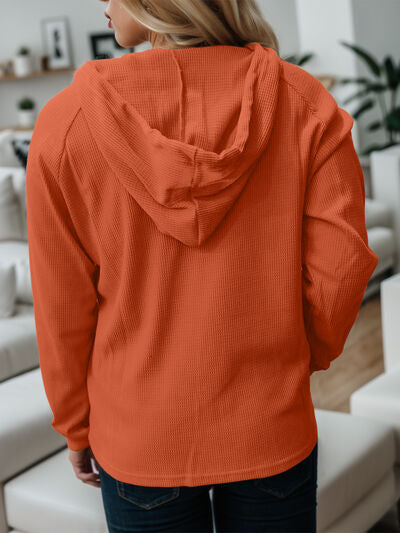 Waffle-Knit Drawstring Quarter Button Hoodie