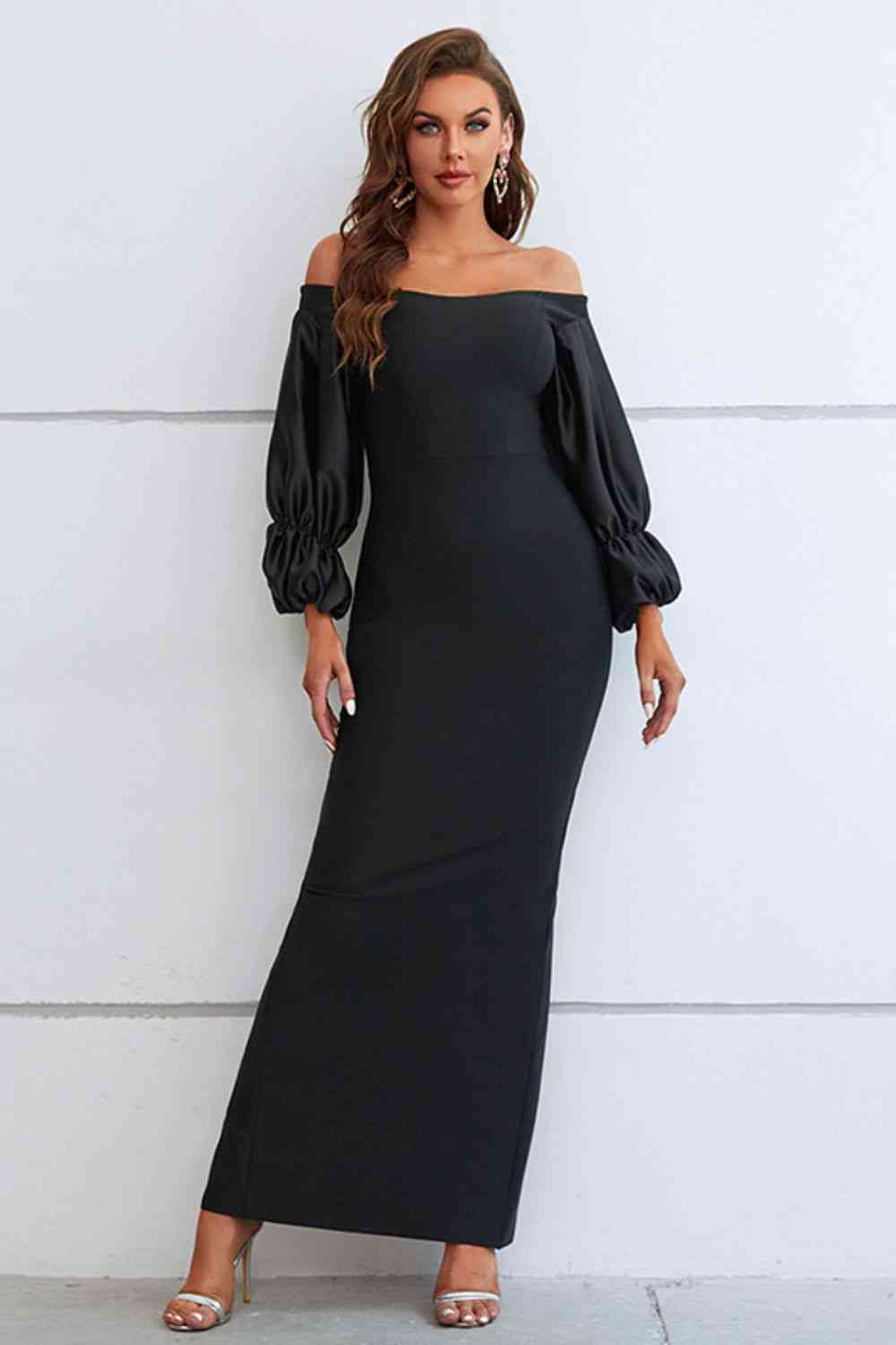 Celine Off-Shoulder Bubble Sleeve Slit Dress