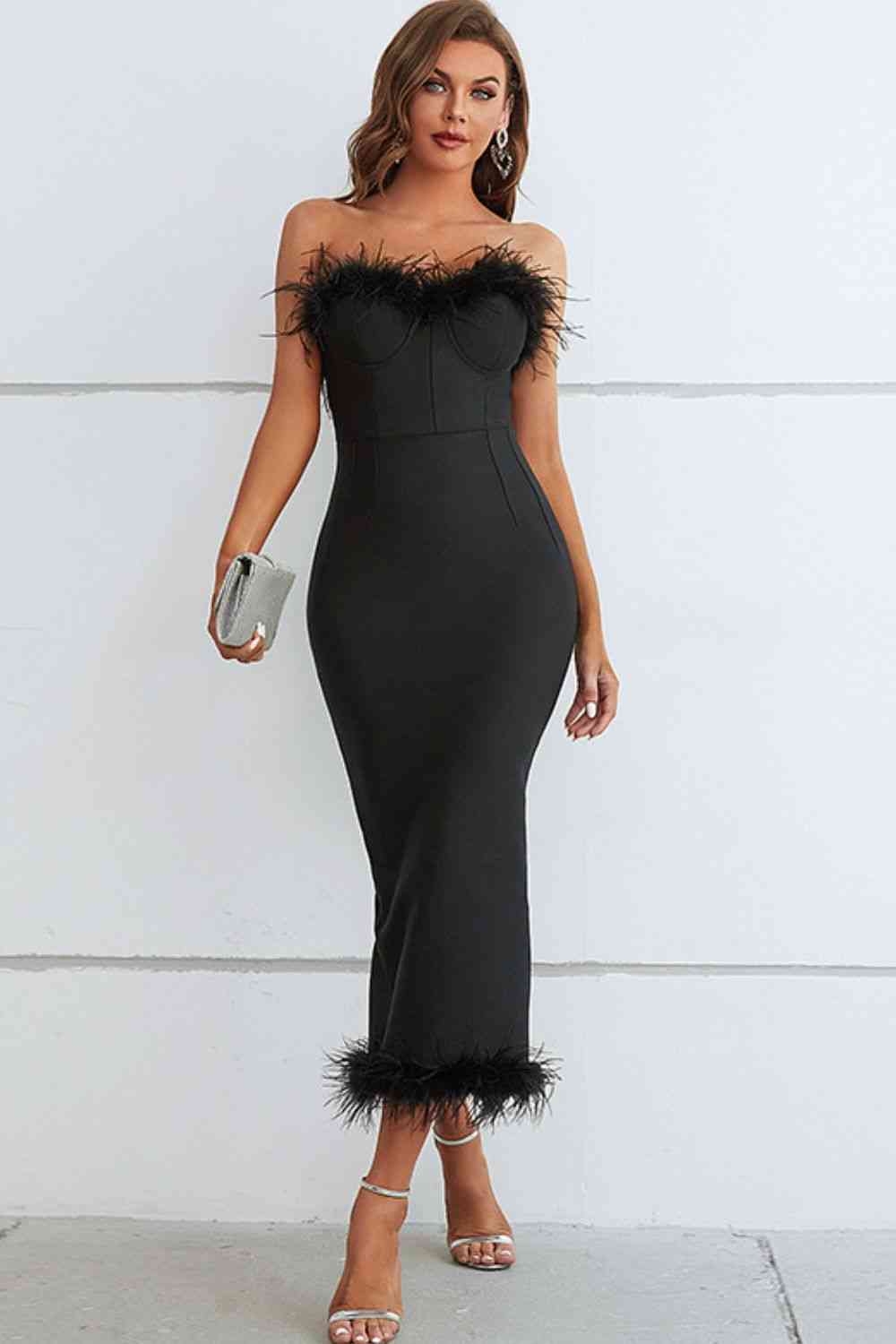 June Feather Trim Strapless Sweetheart Neck Dress