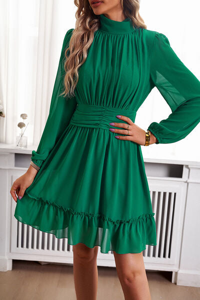 Blakely Frill Ruched Mock Neck Balloon Sleeve Dress